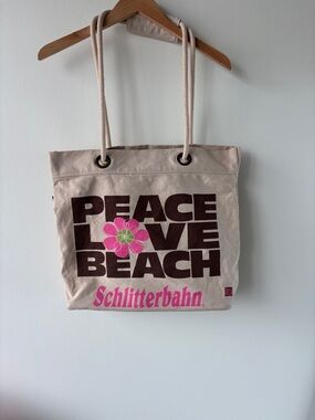 neutral canvas tote bag with “peace love beach” graphic 🌺